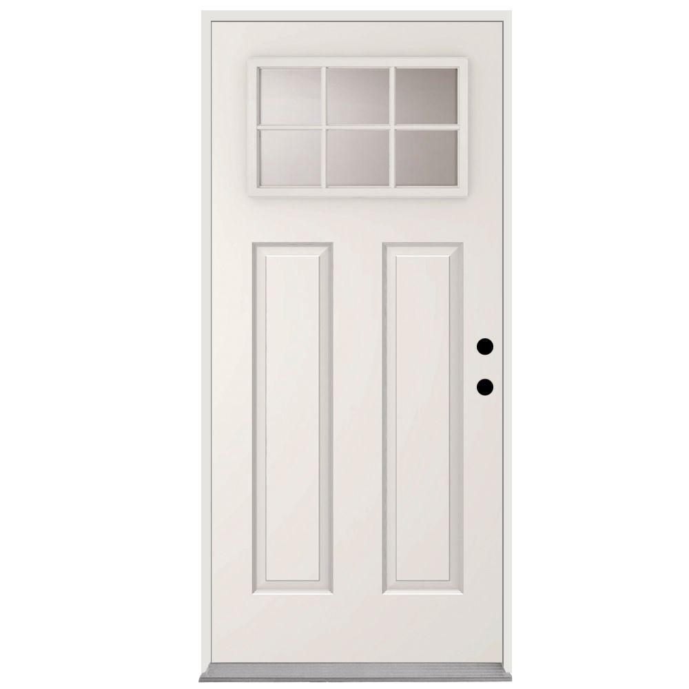 36 in. x 80 in. 6 Lite Left-Hand Outswing Primed White Steel Prehung Front Door with 4 in. Wall - Super Arbor