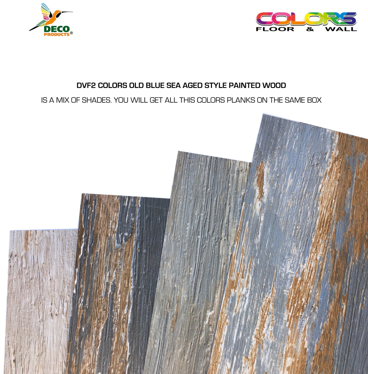 Deco Products COLORS Old Blue Sea Aged Painted Wood Luxury Vinyl Plank Sample, 6 in x 6 in, 8-mil Wear Layer