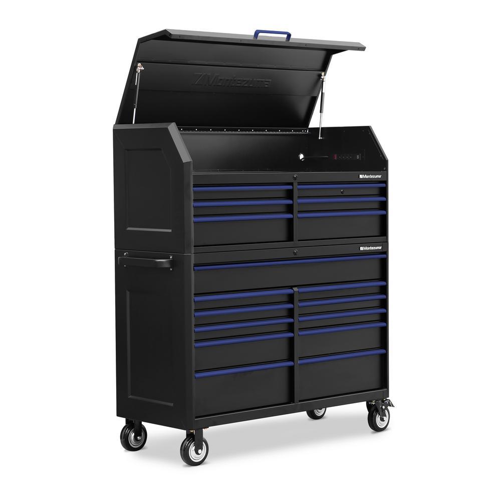 24 in. x 56 in. 17-Drawer Tool Chest and Cabinet Combo with Power and USB Outlets in Black and Blue - Super Arbor