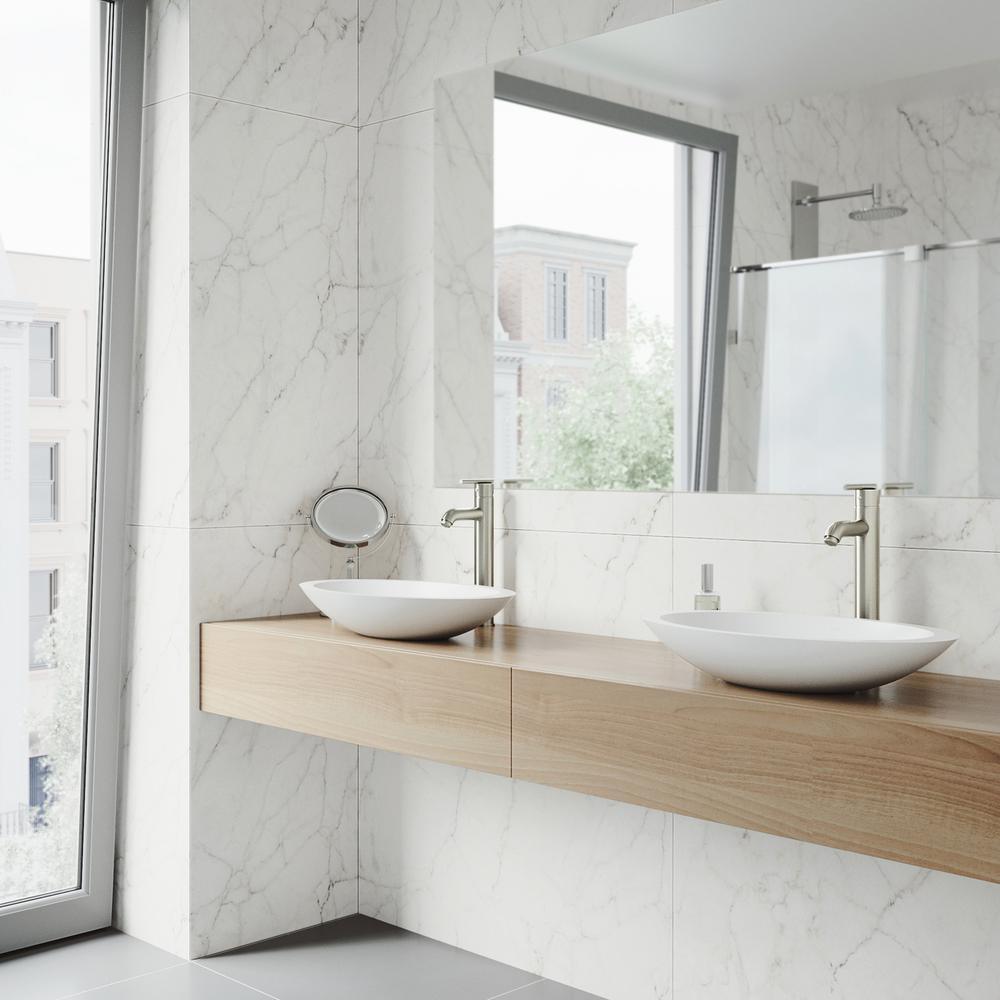 Wisteria Round Matte Stone Vessel Bathroom Sink in White with Seville Vessel Faucet in Brushed Nickel - Super Arbor