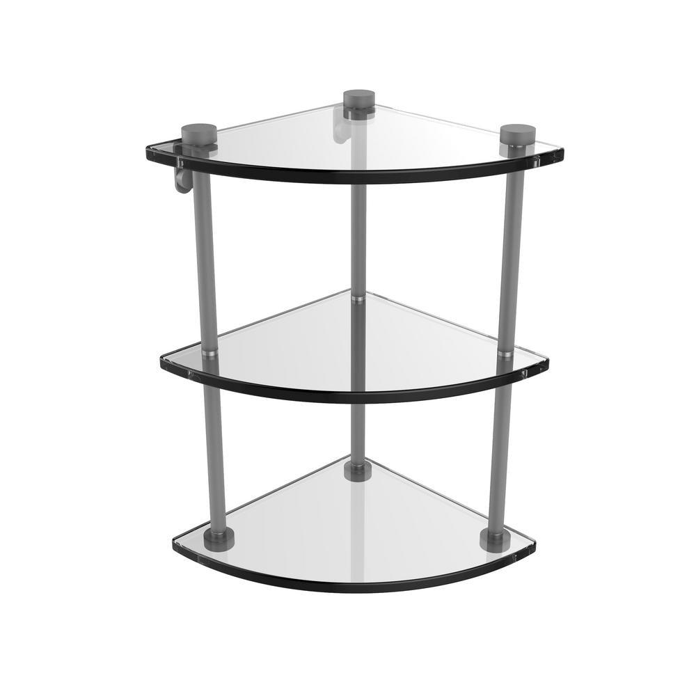 8 in. L  x 15 in. H  x 8 in. W 3-Tier Corner Clear Glass Bathroom Shelf in Satin Nickel - Super Arbor