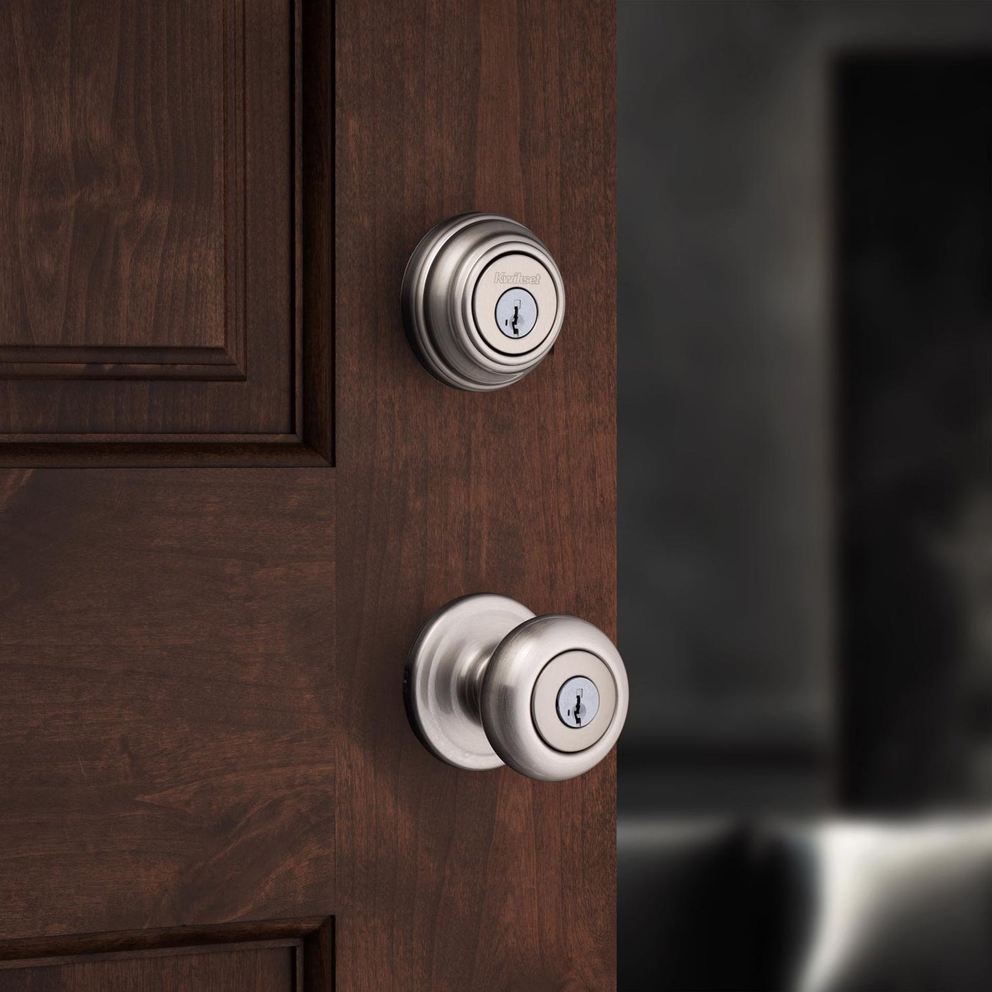 Kwikset SmartKey Juno Satin Nickel Knob and Single Cylinder Deadbolt, ANSI/BHMA Grade 2, KW1, 1-3/4 in.