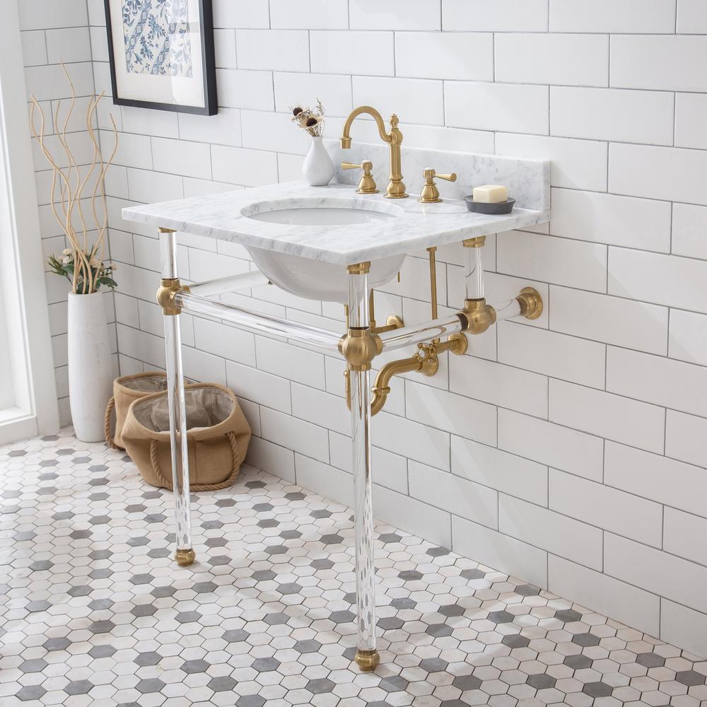 Empire 30 in. Acrylic Wash Stand with Satin Brass P-Trap Kit, Faucet, Marble Counter Top, and White Basin - Super Arbor