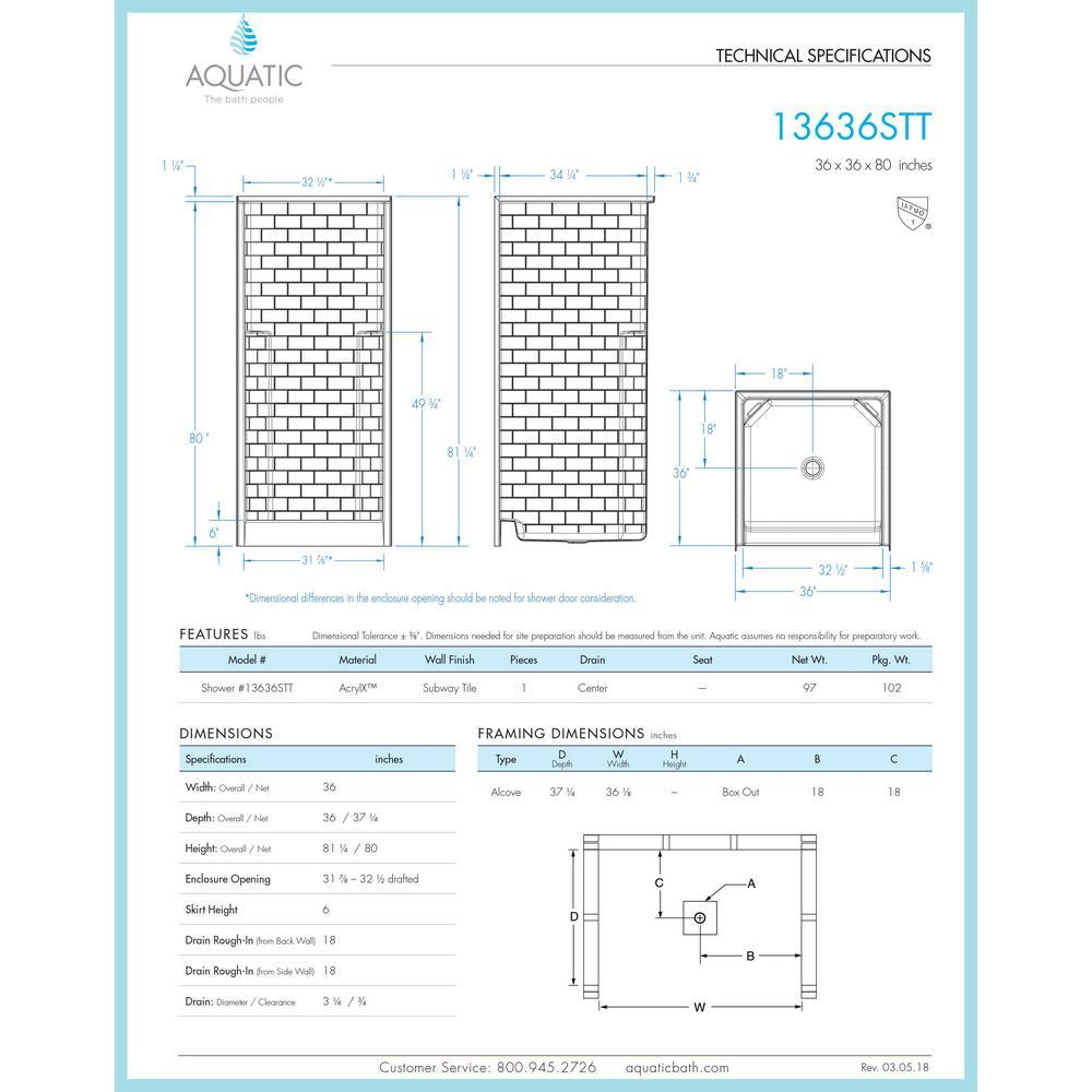 Everyday Subway Tile 36 in. x 36 in. x 80 in. 1-Piece Shower Stall with Center Drain in White - Super Arbor