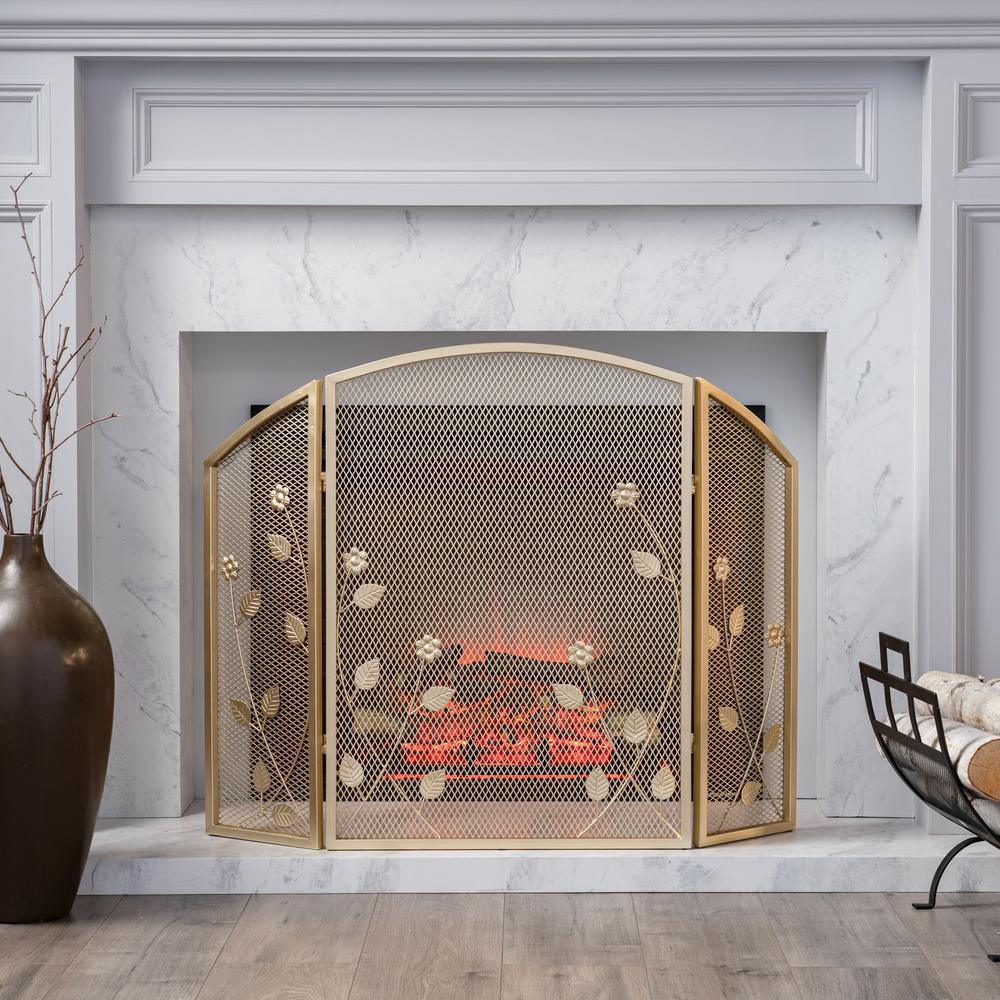 Greenbrier Modern Gold Iron Fire Screen with Leaf Accents - Super Arbor