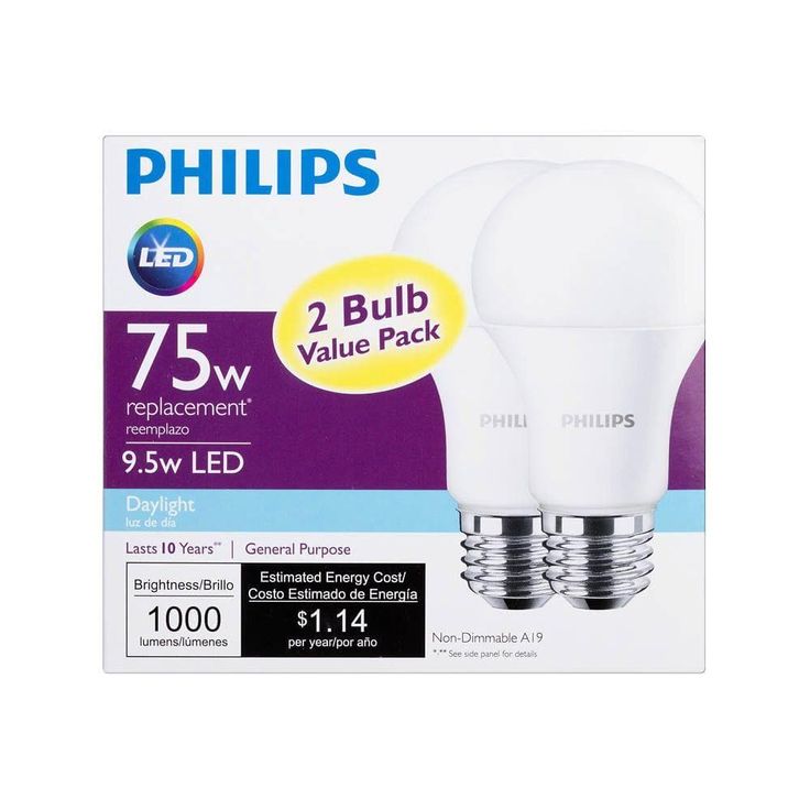 Philips 75-Watt Equivalent A19 Non-Dimmable Energy Saving LED Light Bulb Daylight (5000K) (2-Pack)