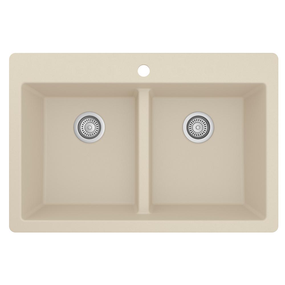 White Quartz 33 in. 50/50  Double Bowl Composite Drop-in Kitchen Sink - Super Arbor
