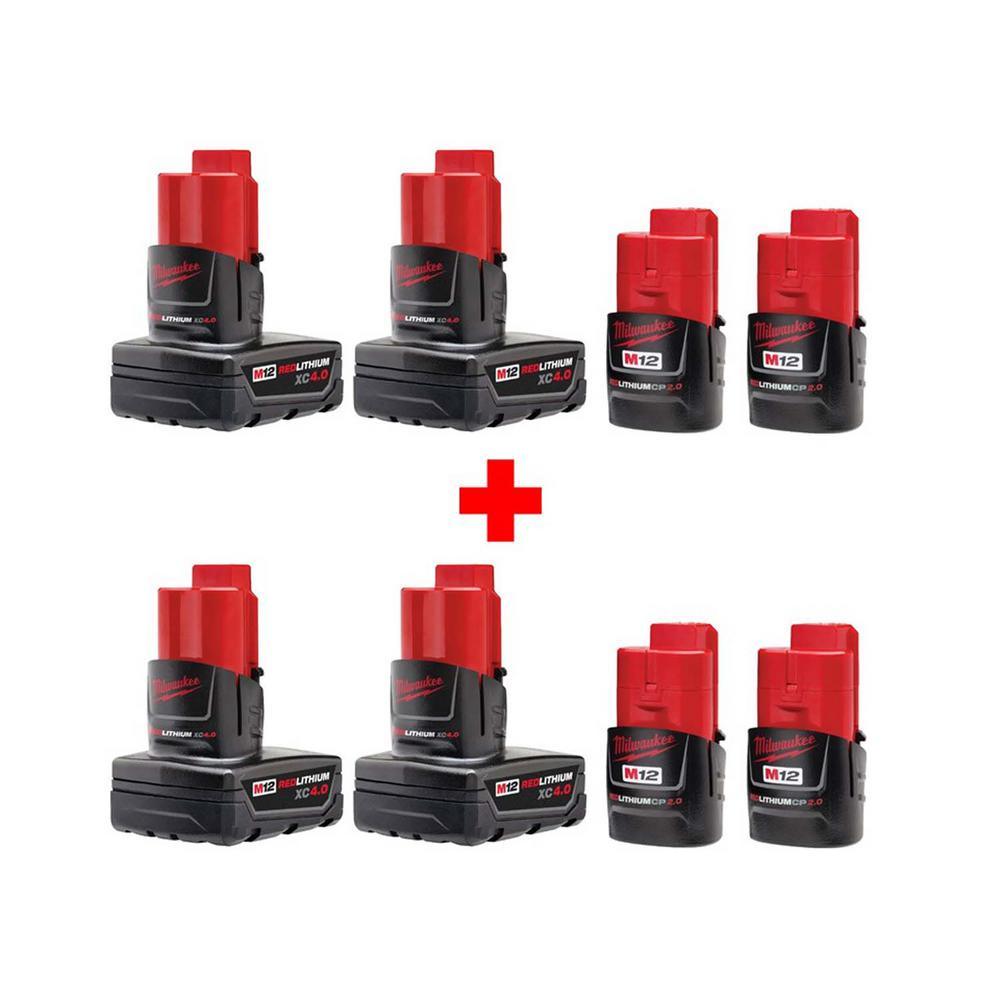 M12 12-Volt Lithium-Ion Compact and Extended Capacity Battery Combo with Four 2.0 Ah and Four 4.0 Ah Batteries - Super Arbor