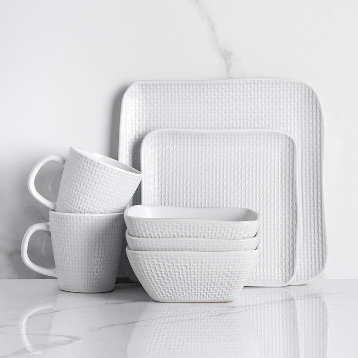 Stone Lain 32 Piece Stoneware Square Weave Dinnerware Set, Service for 8, White