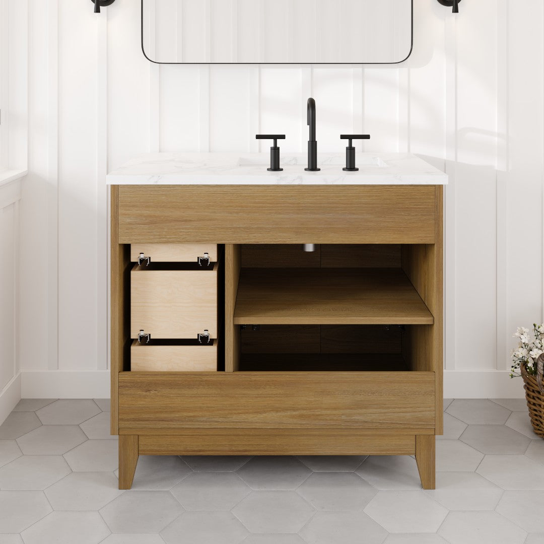 Eviva Graham 36"W x 22"D Oak Bathroom Vanity with White Arabescato Engineered Stone Countertop and Undermount Ceramic Sink