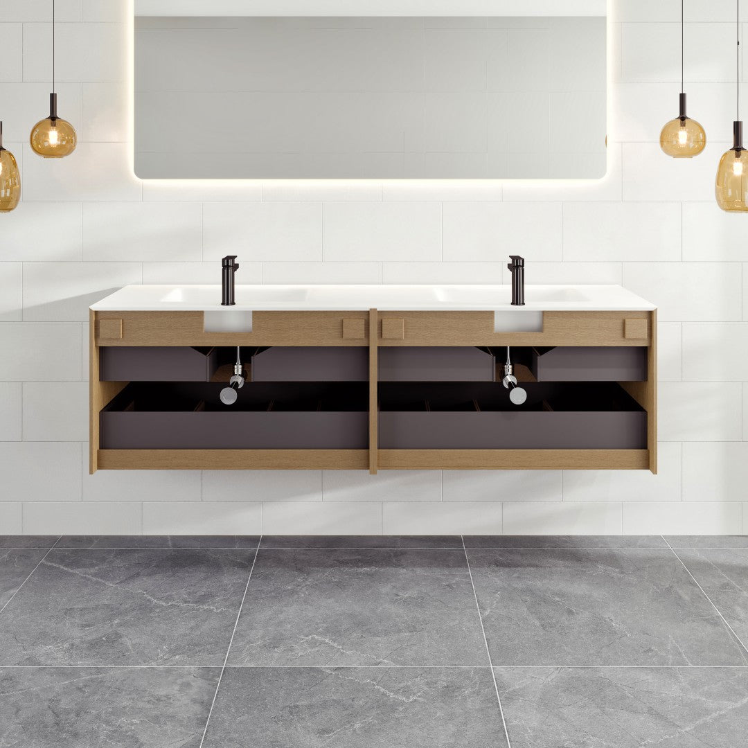Eviva Lotus 59"W x 19"D Natural Oak Wall Mount Double Sink Bathroom Vanity with White Solid Surface Countertop and Integrated Sinks