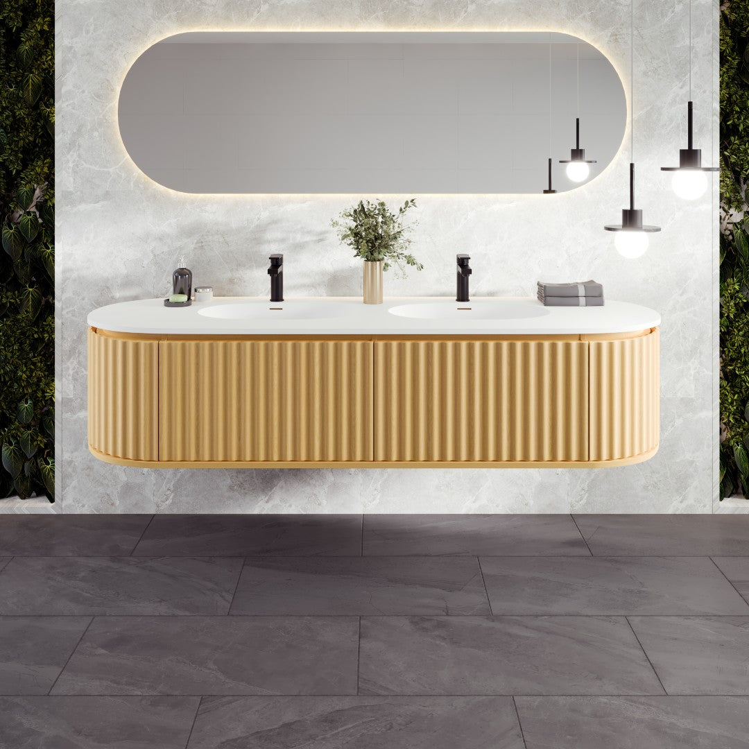 Eviva Haven 71"W x 22"D Natural Oak Double Sink Bathroom Vanity with White Solid Surface Countertop and Integrated Sinks