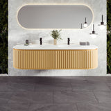 Eviva Haven 71"W x 22"D Natural Oak Double Sink Bathroom Vanity with White Solid Surface Countertop and Integrated Sinks