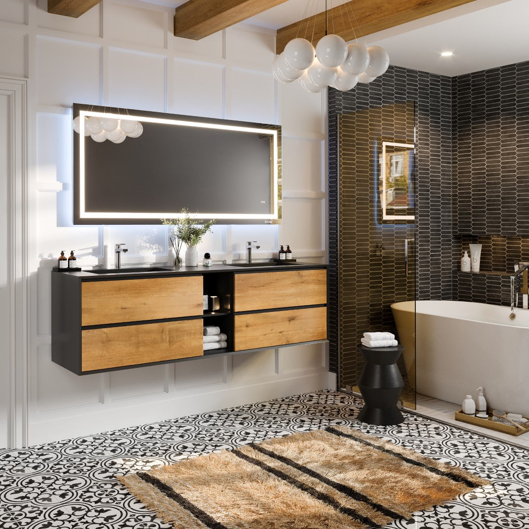 Eviva Vienna 75 in. W x 20.70 in. D x 21.60 in. H Floating Double Bathroom Vanity, Black Oak, Acrylic Top in Black