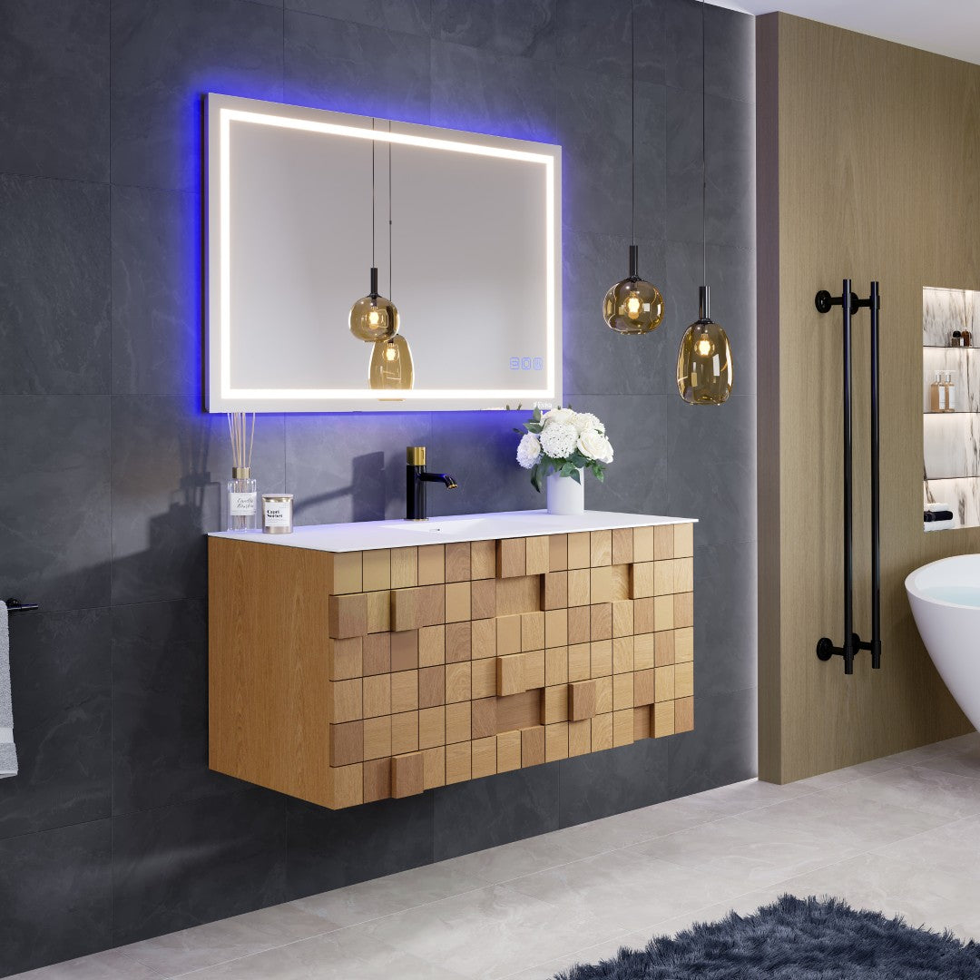Eviva Mosaic 49"W x 20"D Natural Oak Wall Mount Bathroom Vanity with White Solid Surface Countertop and Integrated Sink
