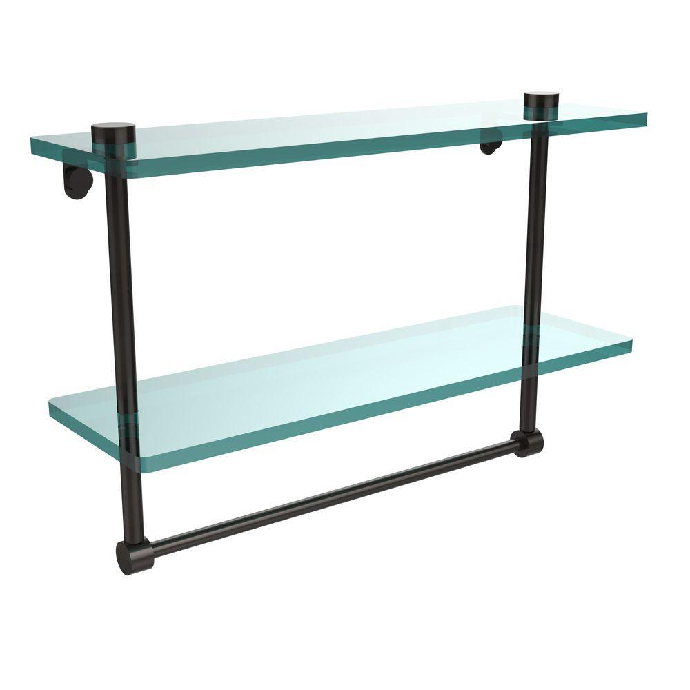 16 in. L  x 12 in. H  x 5 in. W 2-Tier Clear Glass Vanity Bathroom Shelf with Towel Bar in Polished Brass - Super Arbor