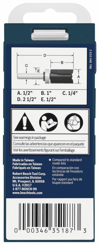 Bosch 1/2 In. x 1 In. Carbide-Tipped Double-Flute Top-Bearing Straight Trim Router Bit
