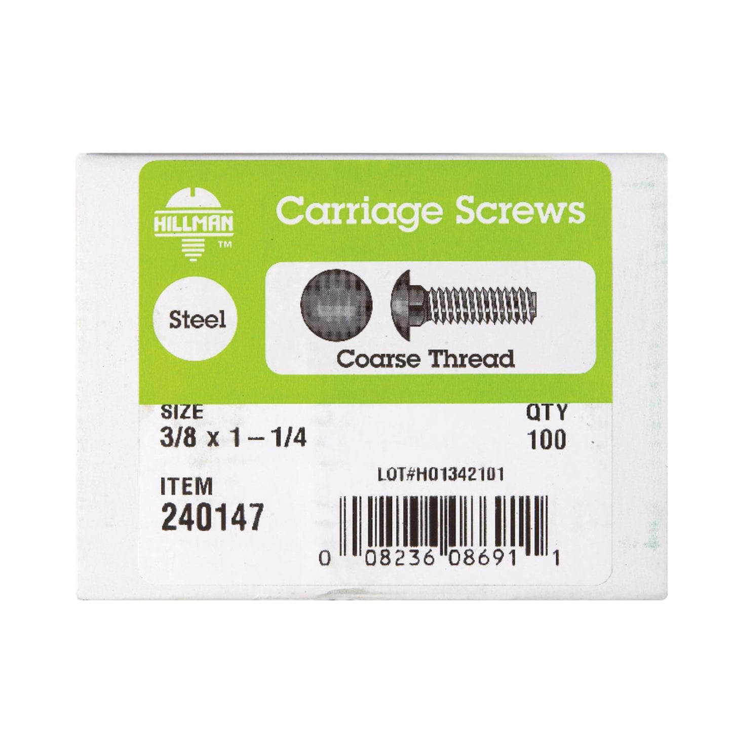 Hillman 3/8 in. x 1-1/4 in. Zinc-Plated Steel Carriage Bolt, 100-Pack