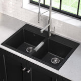 Drop-in/Undermount Granite Composite 33 in. 1-Hole 50/50 Double Basin Kitchen Sink Kit in Black Onyx - Super Arbor