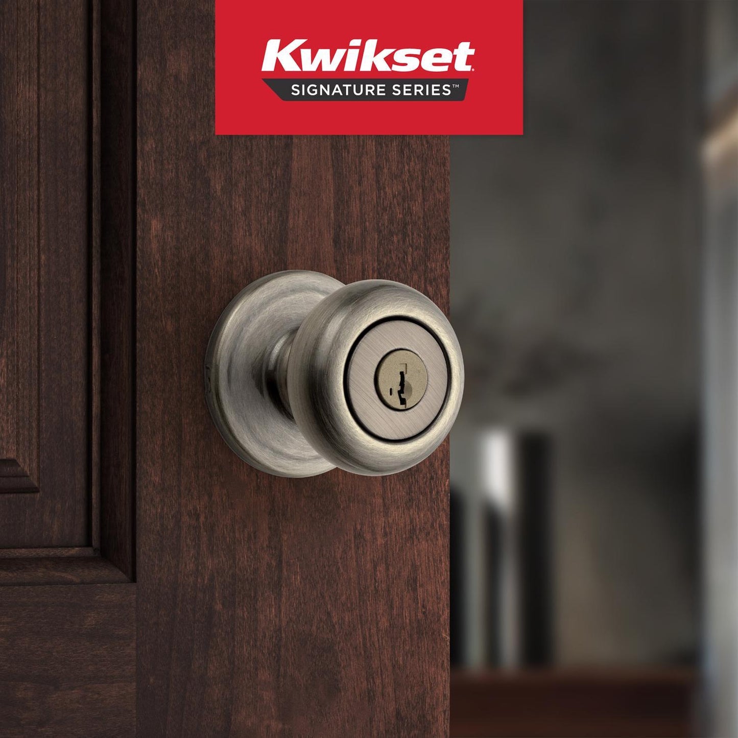 Kwikset SmartKey Juno Antique Brass Keyed Entry Knob, ANSI/BHMA Grade 2, KW1, Fits 1-3/8 to 1-3/4 in Doors