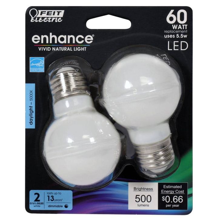 Feit Electric 60-Watt Equivalent G16.5 Medium Dimmable Filament ENERGY STAR White Glass LED Light Bulb, Daylight (2-Pack)
