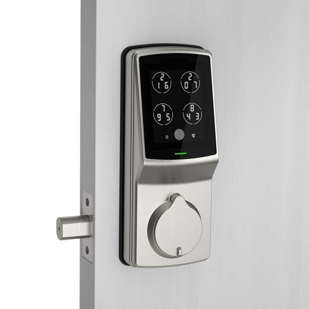 Secure Plus Satin Nickel Single-Cylinder Alarmed Deadbolt Lock with Smart Keypad, Bluetooth and 3D Fingerprint - Super Arbor