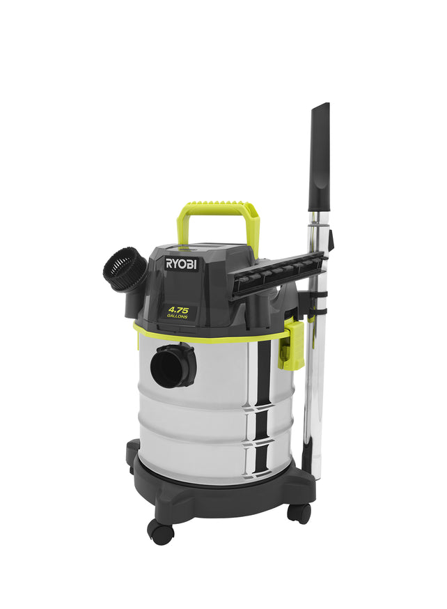RYOBI ONE+ 18V Cordless 4.75 Gallon Wet/Dry Vacuum (Tool Only) with Hose, Crevice Tool, Floor Nozzle, and Extension Wands