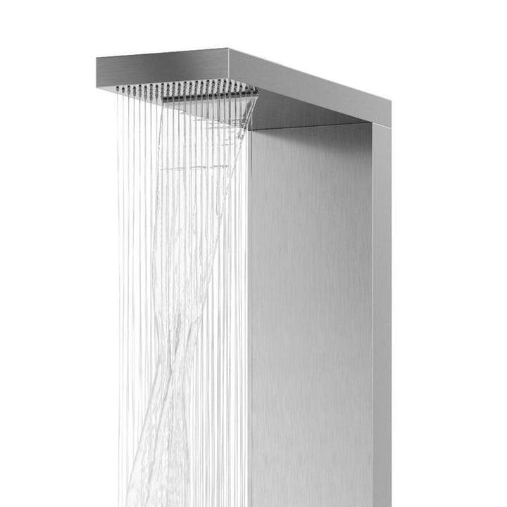 Oahu 4-Jet Shower System with Folding Teak Seat and Matte Stainless Steel Panel with Polished Chrome Fixtures