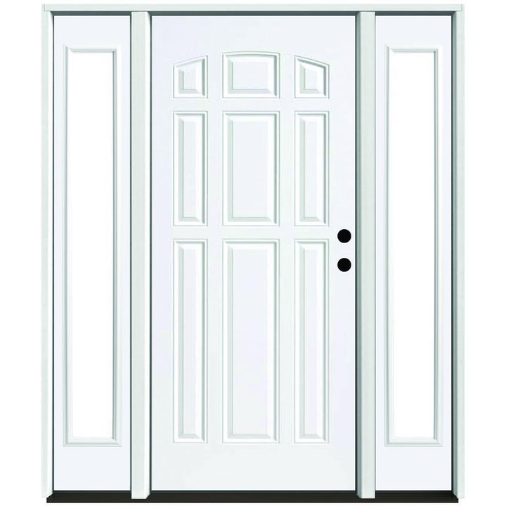 64 in. x 80 in. 9-Panel Primed White Left-Hand Steel Prehung Front Door with 12 in. Clear Glass Sidelites 4 in. Wall - Super Arbor