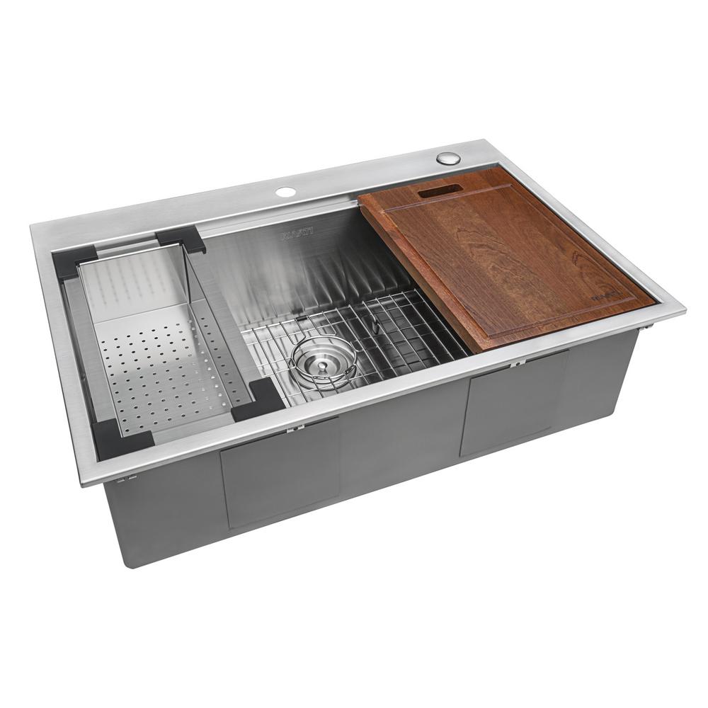 Drop-In Stainless Steel 33 in. Workstation Ledge Topmount Kitchen Sink 16-Gauge Single Bowl - Super Arbor