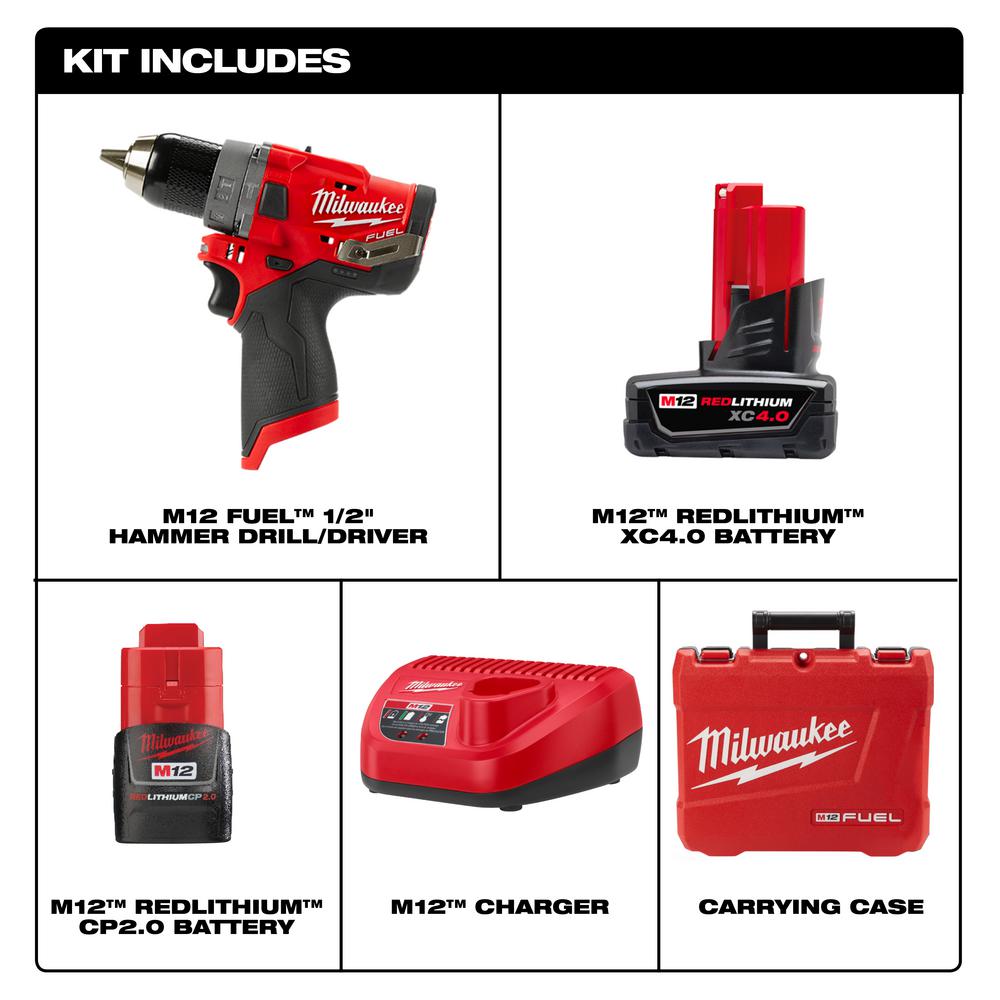 M12 FUEL 12-Volt Lithium-Ion Brushless Cordless 1/2 in. Hammer Drill Kit with 4.0 Ah and 2.0 Ah Battery and Hard Case - Super Arbor