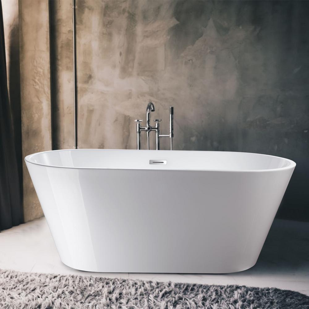 Domme 59 in. Acrylic Flatbottom Freestanding Non-Slip Bathtub in White - Super Arbor