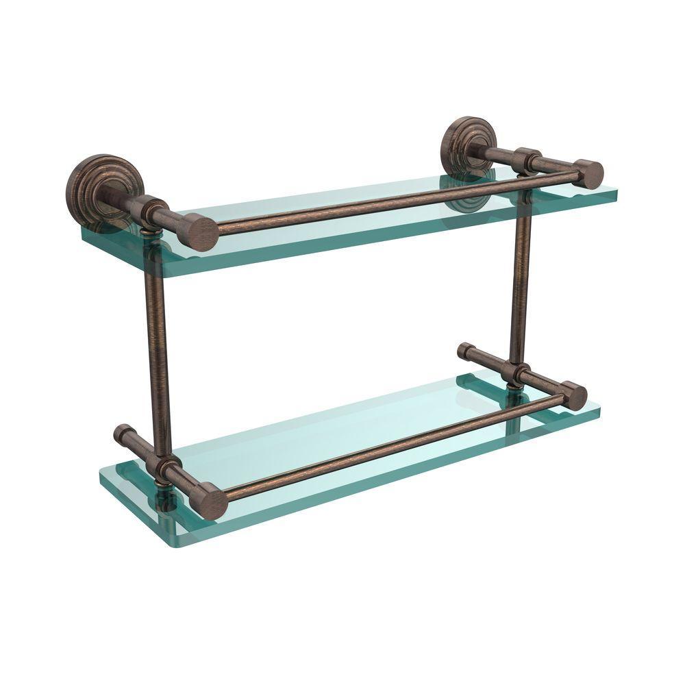 Waverly Place 16 in. L x 8 in. H x 5 in. W 2-Tier Clear Glass Bathroom Shelf with Gallery Rail in Satin Nickel - Super Arbor
