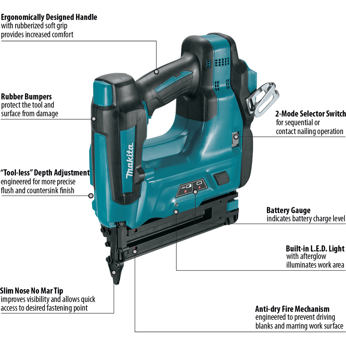 Makita 18V LXT Lithium‑Ion 18‑Ga. Cordless Brad Nailer, 2 in., Tool‑Only (XNB01Z)