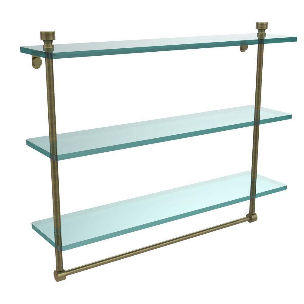 Foxtrot 22 in. L  x 18 in. H  x 5 in. W 3-Tier Clear Glass Bathroom Shelf with Towel Bar in Satin Nickel - Super Arbor
