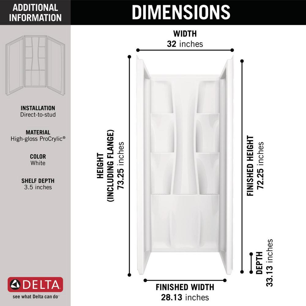Classic 400 32 in. x 32 in. x 74 in. 3-Piece Direct-to-Stud Alcove Surround in White - Super Arbor
