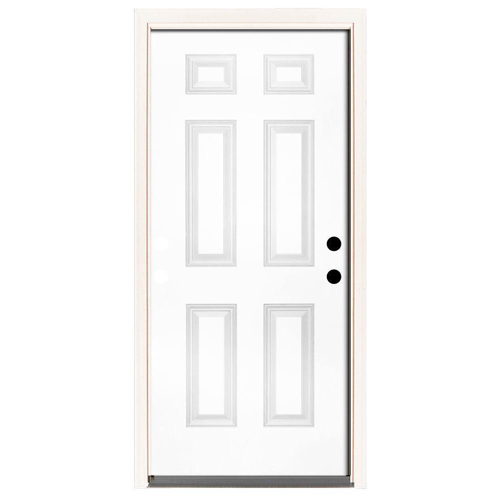 30 in. x 80 in. Premium 6-Panel Primed White Steel Prehung Front Door Left-Hand Outswing and 4 in. Wall - Super Arbor
