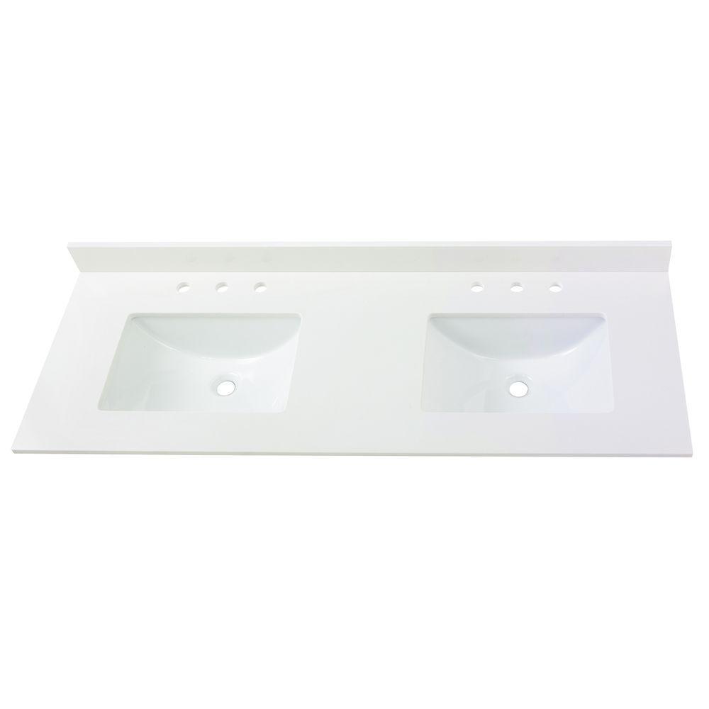 61 in. W x 22 in. D Engineered Marble Vanity Top in Snowstorm with White Double Trough Sinks - Super Arbor