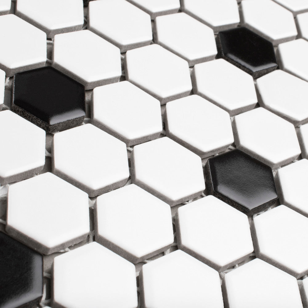 Madison Hex 1 in. Matte Cool White w/ Black Dot 10-1/4 in. x 11-7/8 in. Porcelain Mosaic Tile (8.6 sq. ft./Case)