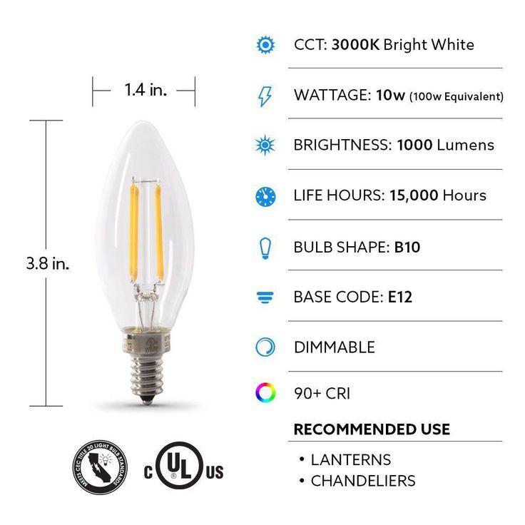 Feit Electric 100-Watt Equivalent B10 Candelabra Dimmable Filament Clear Glass Chandelier LED Light Bulb, Daylight (12-Pack)