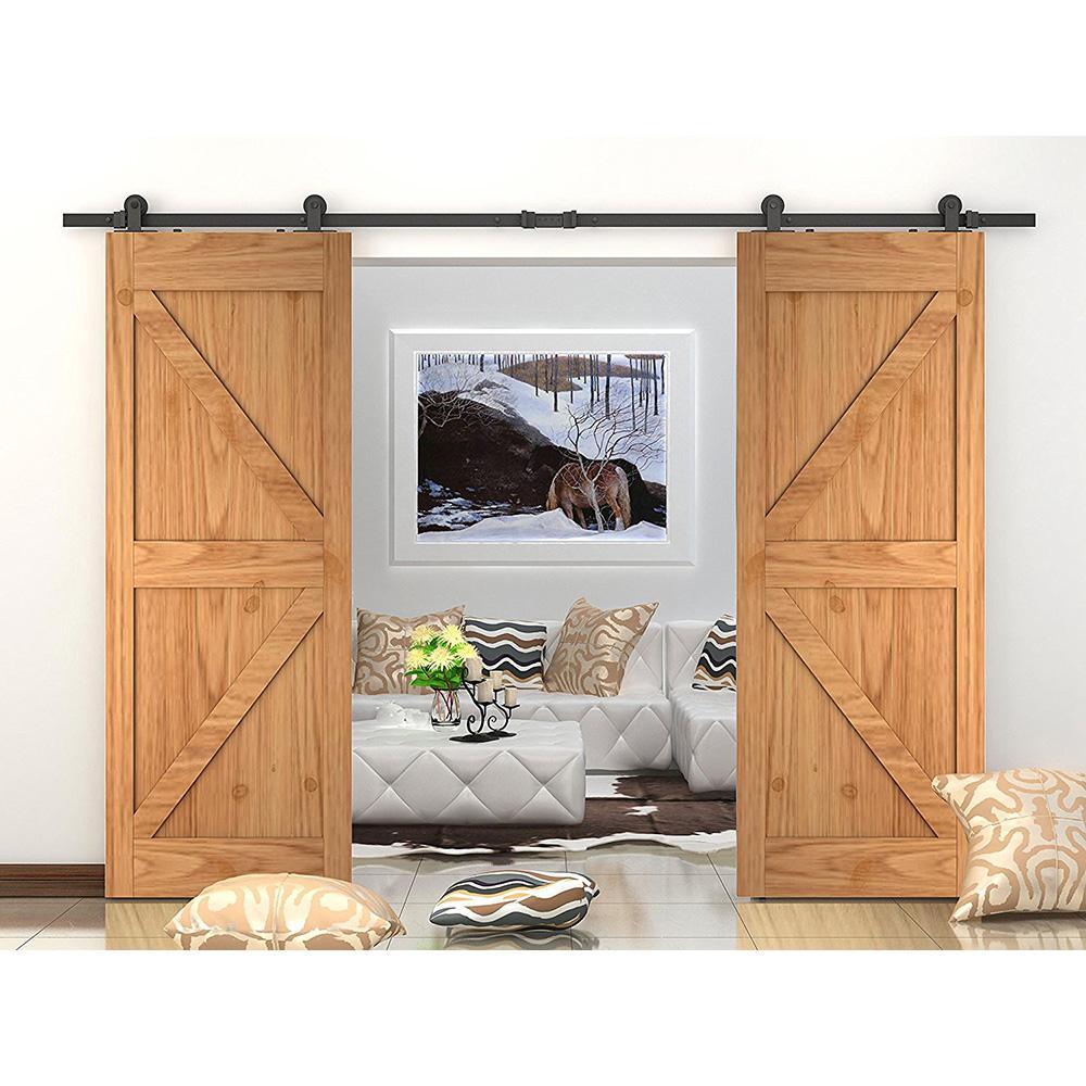 8 ft./96 in. Frosted Black Top Mount Sliding Barn Door Hardware Track Kit for Double Doors with Non-Routed Floor Guide - Super Arbor