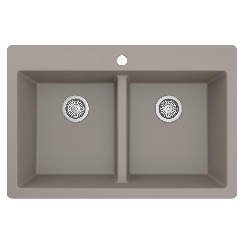 White Quartz 33 in. 50/50  Double Bowl Composite Drop-in Kitchen Sink - Super Arbor