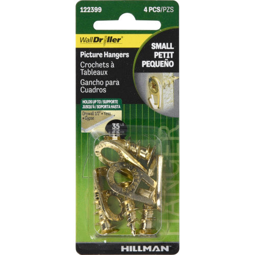 Hillman WallDriller Brass-Plated Drywall Picture Hooks, 35 lb Capacity, 4-Pack