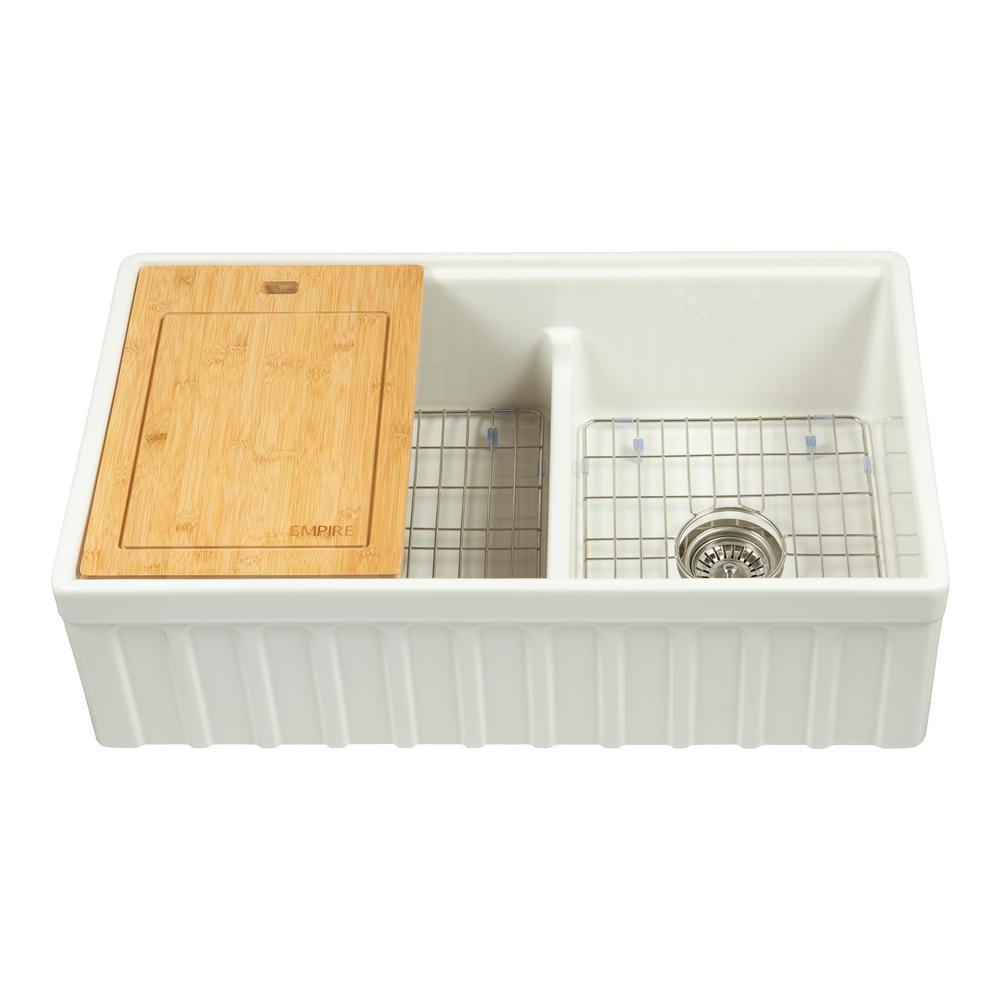 Yorkshire Farmhouse Fireclay 33 in. 55/45 Double Bowl Kitchen Sink with Cutting-Board, Grid and Strainer in White - Super Arbor