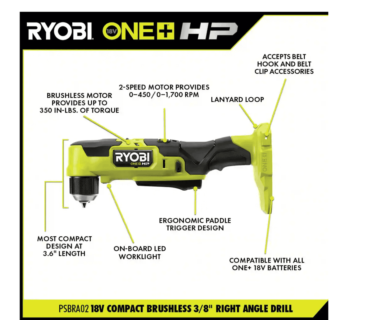 RYOBI ONE+ HP 18V Brushless Cordless Compact 2-Tool Combo Kit with 3/8 in. Right Angle Drill and Cut-Off Tool (Tools Only)