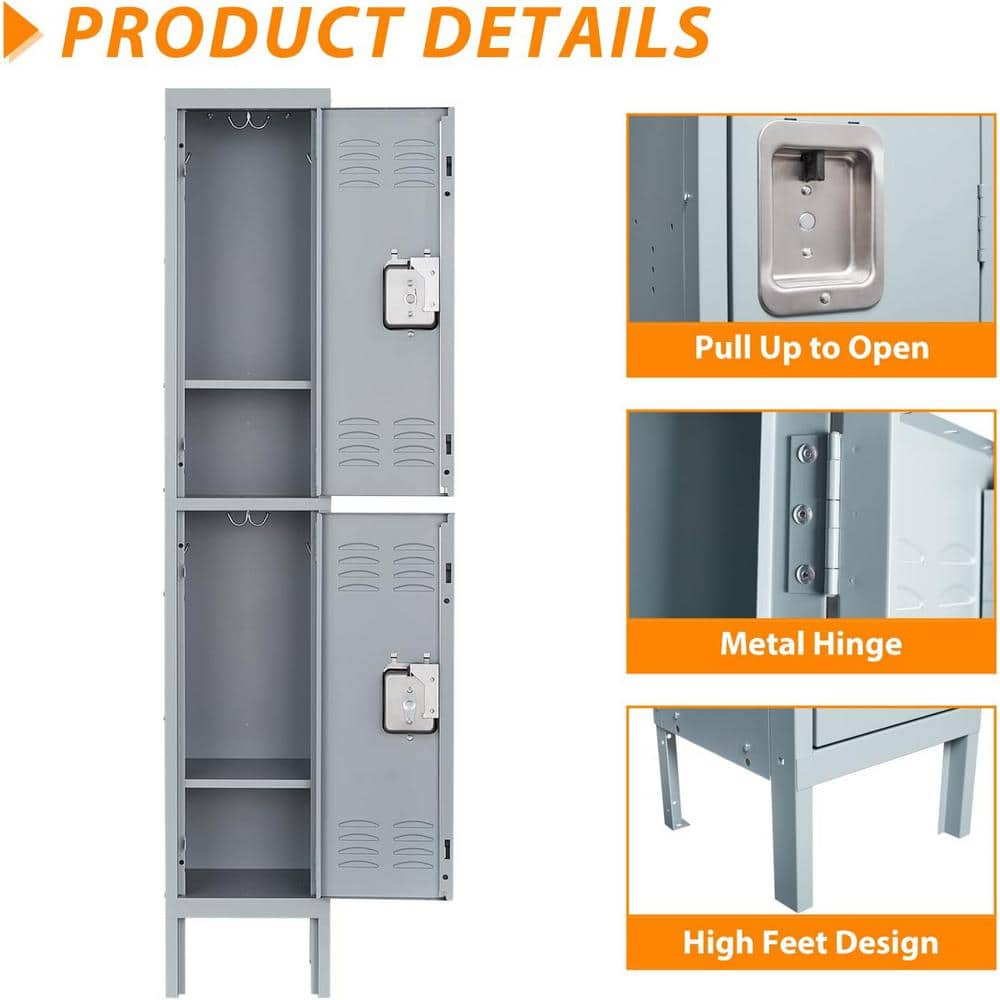 Mlezan Metal Locker 2 Tier 12 in. D x 12 in. W x 66 in. H in Gray Lockable 2 Doors Storage Locker for School Changing Room Gym