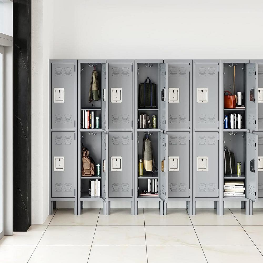 Mlezan Metal Locker 2 Tier 12 in. D x 12 in. W x 66 in. H in Gray Lockable 2 Doors Storage Locker for School Changing Room Gym
