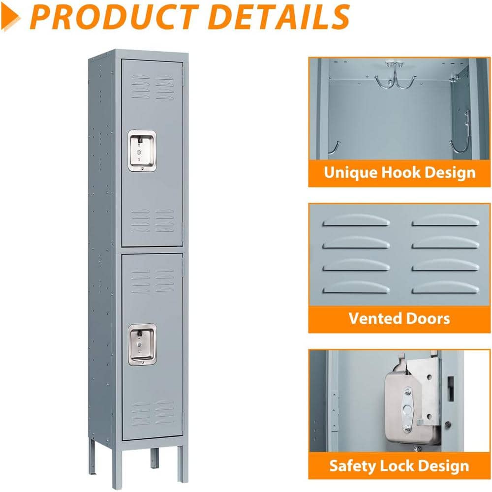 Mlezan Metal Locker 2 Tier 12 in. D x 12 in. W x 66 in. H in Gray Lockable 2 Doors Storage Locker for School Changing Room Gym