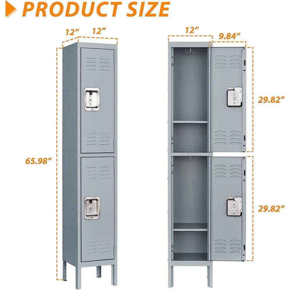 Mlezan Metal Locker 2 Tier 12 in. D x 12 in. W x 66 in. H in Gray Lockable 2 Doors Storage Locker for School Changing Room Gym