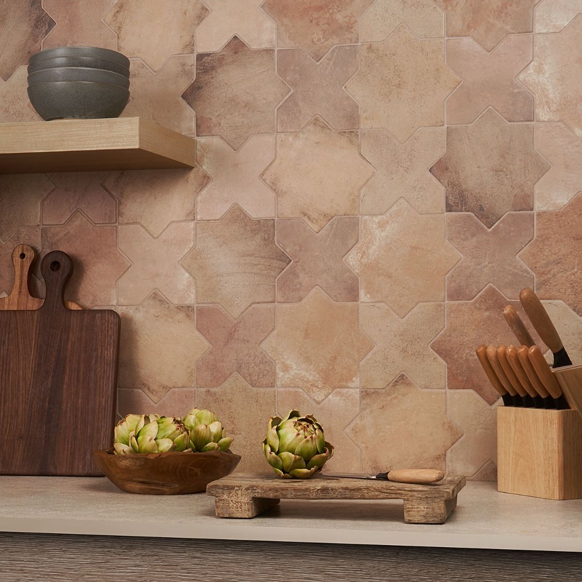Lux Tile Parma Cotto Brown Matte Star and Cross 6" Terracotta Look Porcelain Tile